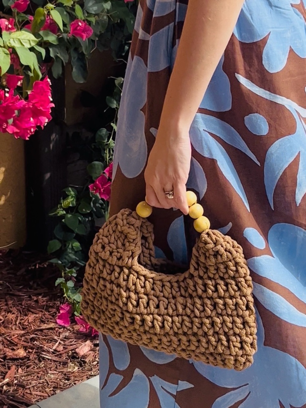Handmade Crochet Wristlet Clutch in Tan with Wooden Bead Handle - Picture 2 of 3